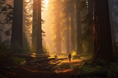 Man walking in redwood forest at sunrise, California, USA with AI-Generated Imagesの素材