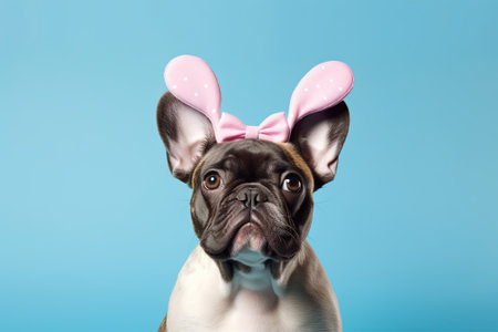 cute french bulldog dog wearing easter bunny ears on blue background with AI-Generated Imagesの素材