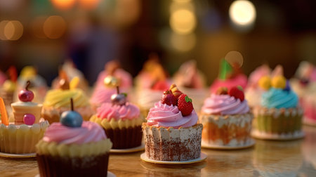 Birthday cupcakes with candles on table, shallow depth of field with AI-Generated Imagesの素材