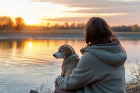 Young woman with her dog on the bank of the river at sunset with AI-Generated Imagesの素材