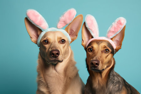 Two dogs in bunny ears on a blue background. Studio shot with AI-Generated Imagesの素材