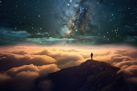 Man standing on top of the mountain and looking at the milky way with AI-Generated Imagesの素材