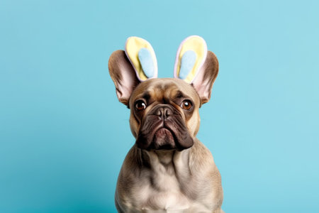 Cute french bulldog wearing easter bunny ears on blue background with AI-Generated Imagesの素材