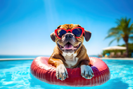 Cute dog in swimming pool with inflatable ring and sunglasses with AI-Generated Imagesの素材