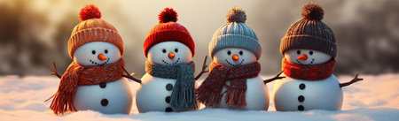 Happy snowman family in winter clothes. Christmas and New Year concept with AI-Generated Imagesの素材