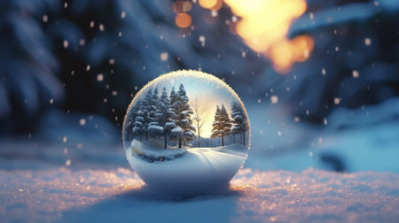 Snow globe with christmas trees and snowflakes. 3d rendering with AI-Generated Imagesの素材