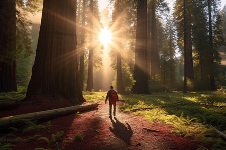 Man walking in Redwood Forest at sunset, California, USA with AI-Generated Imagesの素材