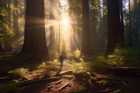 Man walking in Redwood Forest in California, United States of America with AI-Generated Imagesの素材