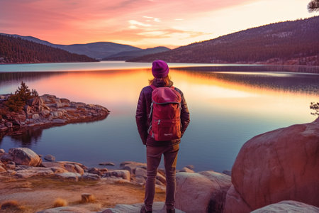 Hike in Yosemite National Park, California, USA. Beautiful sunset on the lake with AI-Generated Imagesの素材