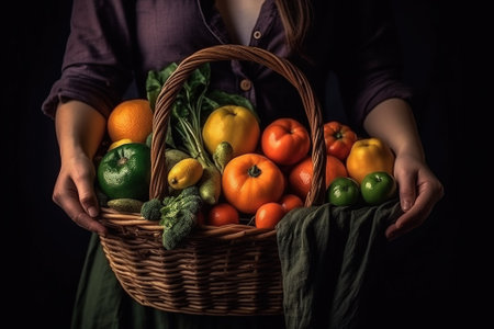 Woman holding a basket with fresh fruits and vegetables on a dark background with AI-Generated Imagesの素材