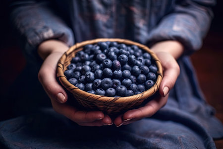 Blueberries in a basket in the hands of a girl on a wooden background with AI-Generated Imagesの素材