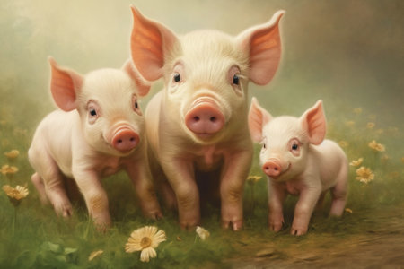 Three little piglets in a meadow on a foggy day with AI-Generated Imagesの素材