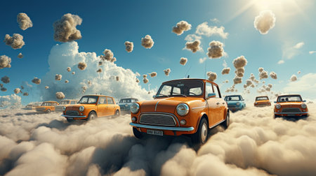 Vintage cars flying in the clouds. 3d illustration. 3d rendering with AI-Generated Imagesの素材