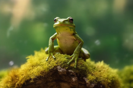 European Tree Frog (Hyla arborea) sitting on a mossy branch with AI-Generated Imagesの素材