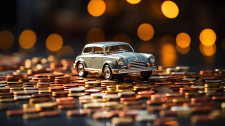 Miniature car on a pile of coins with bokeh background with AI-Generated Imagesの素材