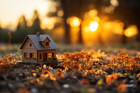 Miniature model house on the ground in the forest at sunset with AI-Generated Imagesの素材