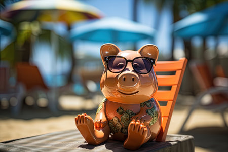 Piggy bank with sunglasses sitting on a deck chair at the beach with AI-Generated Imagesの素材