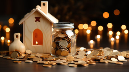 Glass jar with coins and toy house on table against blurred lights, closeup with AI-Generated Imagesの素材