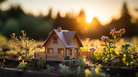 Miniature model of a house in the garden at sunset time with AI-Generated Imagesの素材