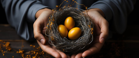 Female hands holding a nest with yellow Easter eggs on a wooden background with AI-Generated Imagesの素材