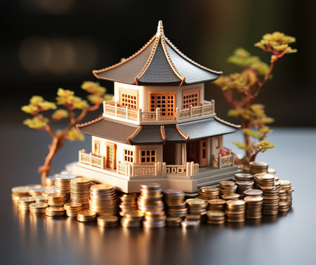 Miniature house on stack of coins. Real estate investment concept with AI-Generated Imagesの素材