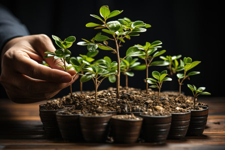 Plant seedling in pot on wooden table with female hand with AI-Generated Imagesの素材