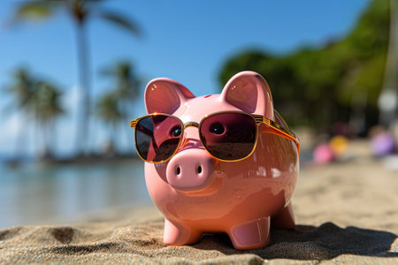 Piggy bank with sunglasses on the beach with palm trees in the background with AI-Generated Imagesの素材