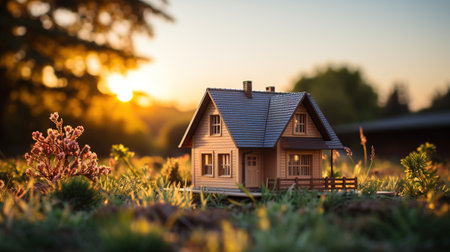Miniature wooden house on the grass in the garden at sunset with AI-Generated Imagesの素材