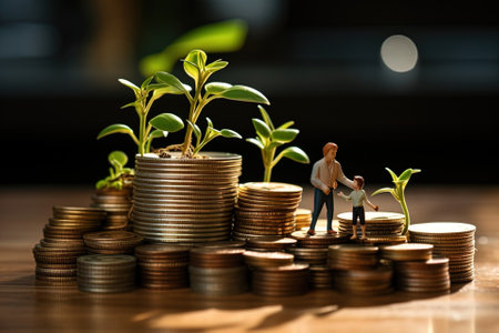 Miniature people : Businessman and small plant growing on coin stack with AI-Generated Imagesの素材
