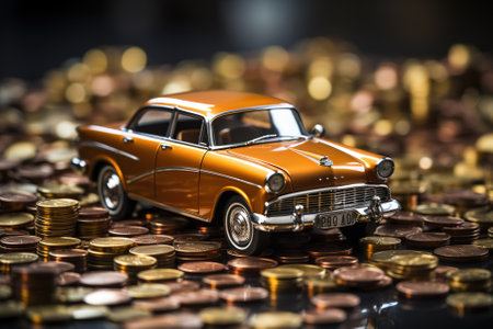 Vintage car on coins background. Business and finance concept. Selective focus with AI-Generated Imagesの素材