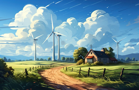 Landscape with wind turbines and house in the countryside. Vector illustration with AI-Generated Imagesの素材