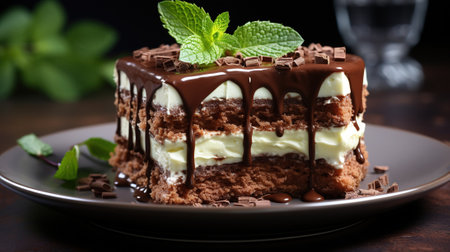 Chocolate cake with ice cream and mint on a dark background with AI-Generated Imagesの素材