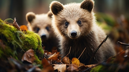 Cute brown bear cub in autumn forest. Wildlife scene from nature with AI-Generated Imagesの素材