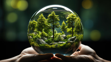 Close up of human hands holding glass globe with forest inside. Mixed media with AI-Generated Imagesの素材