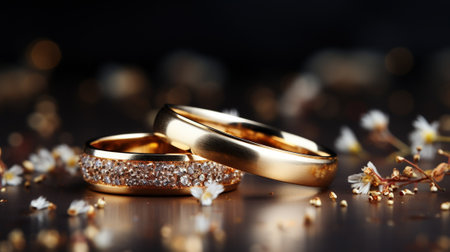 Wedding rings with flowers on dark background, closeup view with AI-Generated Imagesの素材
