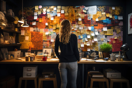 Rear view of a young woman standing in a coffee shop with AI-Generated Imagesの素材