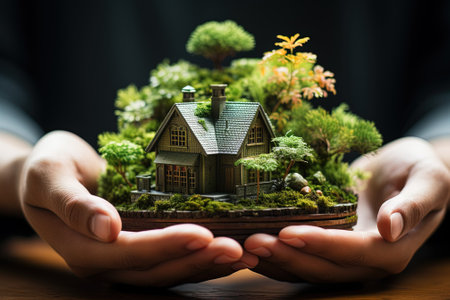 Woman holding miniature house in her hands. Real estate and property concept with AI-Generated Imagesの素材