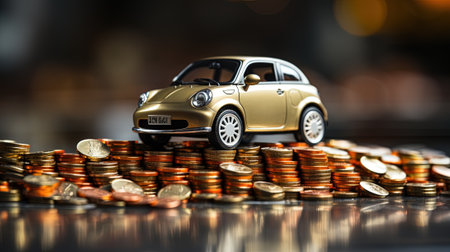 Miniature car and coins on table, business and finance concept with AI-Generated Imagesの素材