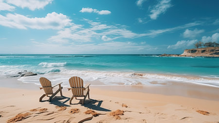 Two chairs on the sandy beach by the turquoise sea with AI-Generated Imagesの素材