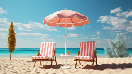 Beach chairs and parasol on the beach. 3d rendering with AI-Generated Imagesの素材