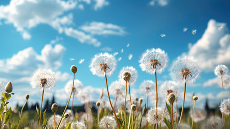 Dandelion flowers on a background of blue sky with clouds with AI-Generated Imagesの素材