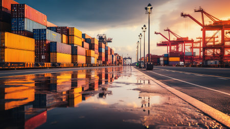 Container Cargo freight ship with working crane bridge at dusk for Logistic Import Export background with AI-Generated Imagesの素材