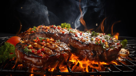 Barbecue grill with tasty steaks on dark background, closeup with AI-Generated Imagesの素材