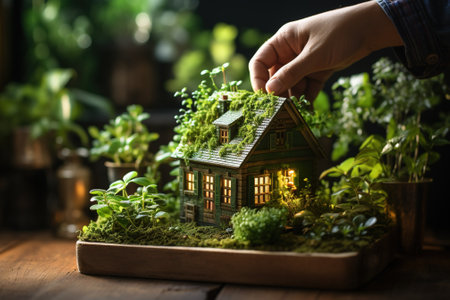 Miniature model of a house with green plants on a wooden background with AI-Generated Imagesの素材