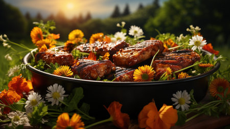 Grilled ribs with flowers in a pan on a background of mountains with AI-Generated Imagesの素材