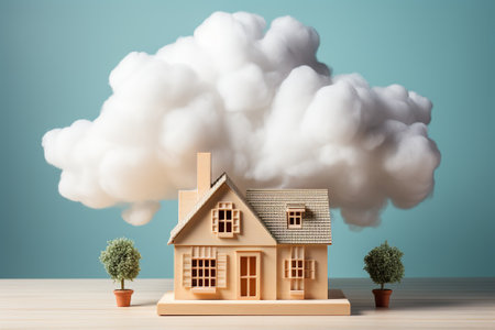 House model with clouds and trees on wooden table. 3D rendering with AI-Generated Imagesの素材