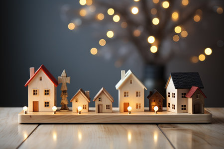 Miniature wooden houses with Christmas lights bokeh on background with AI-Generated Imagesの素材