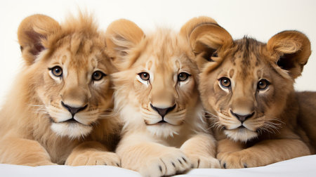 Three cute little lion cubs on white background. Studio shot with AI-Generated Imagesの素材