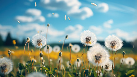 White dandelions on the field with blue sky. Nature background with AI-Generated Imagesの素材