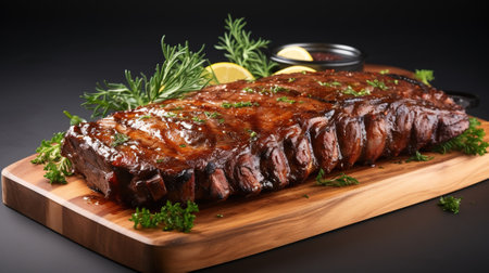 Grilled beef steak on wooden board with lemon and herbs on black background with AI-Generated Imagesの素材